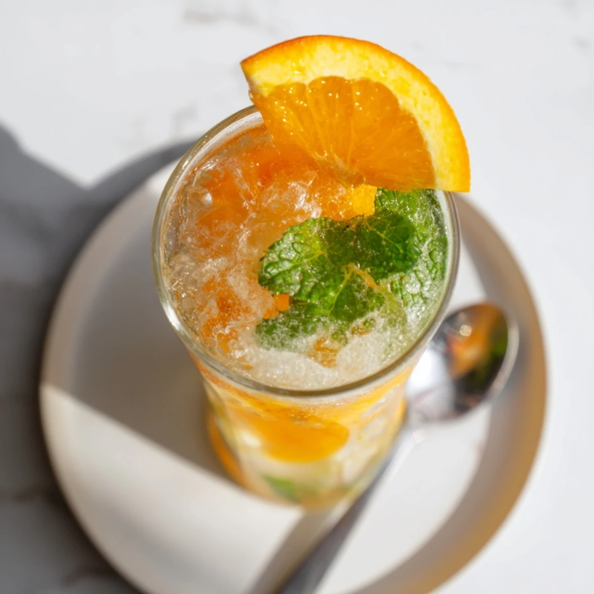 Refreshing probiotic soda mocktail garnished with mint and orange slices, ideal for summer.  