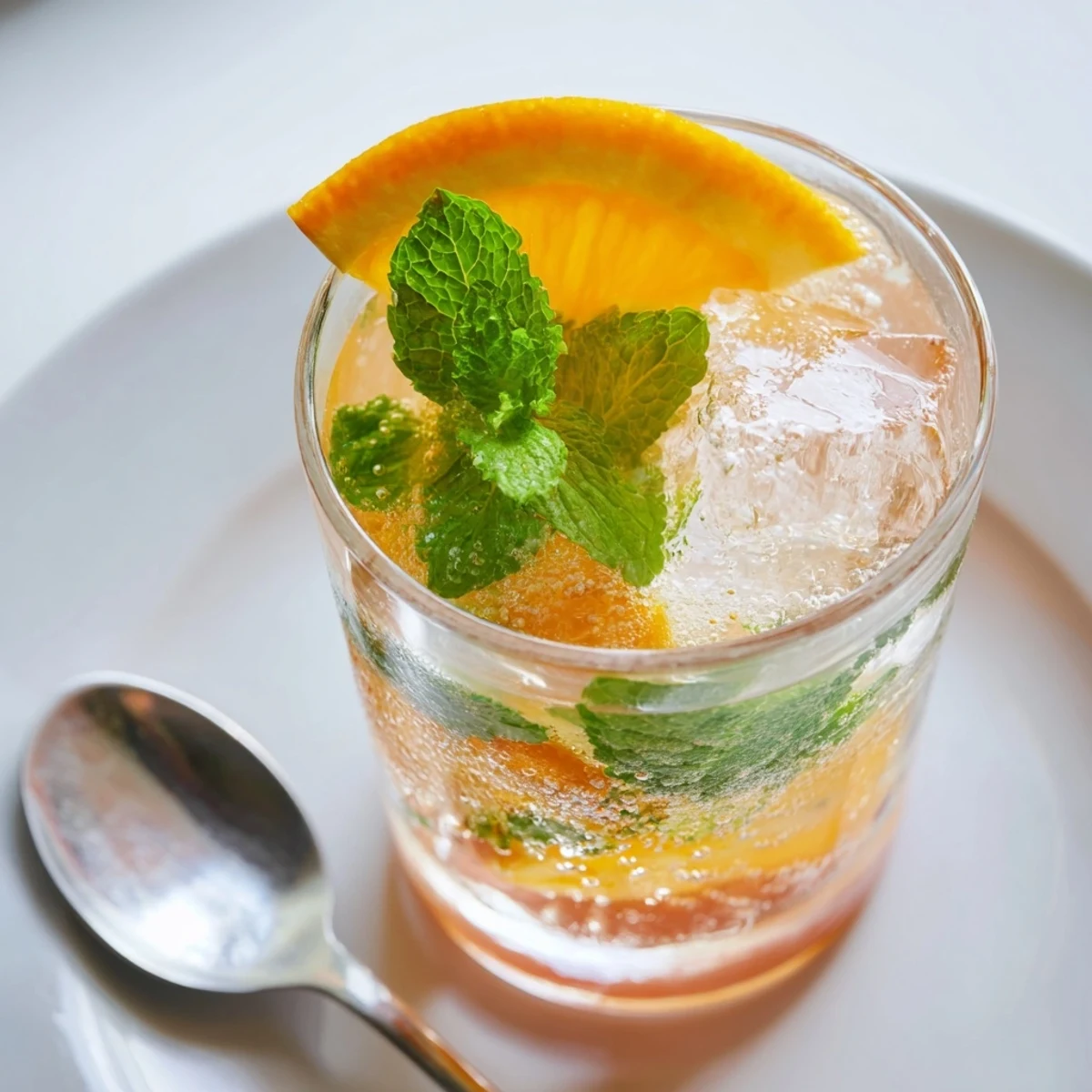Homemade probiotic soda mocktail served over ice, vibrant with citrus and mint flavors.  