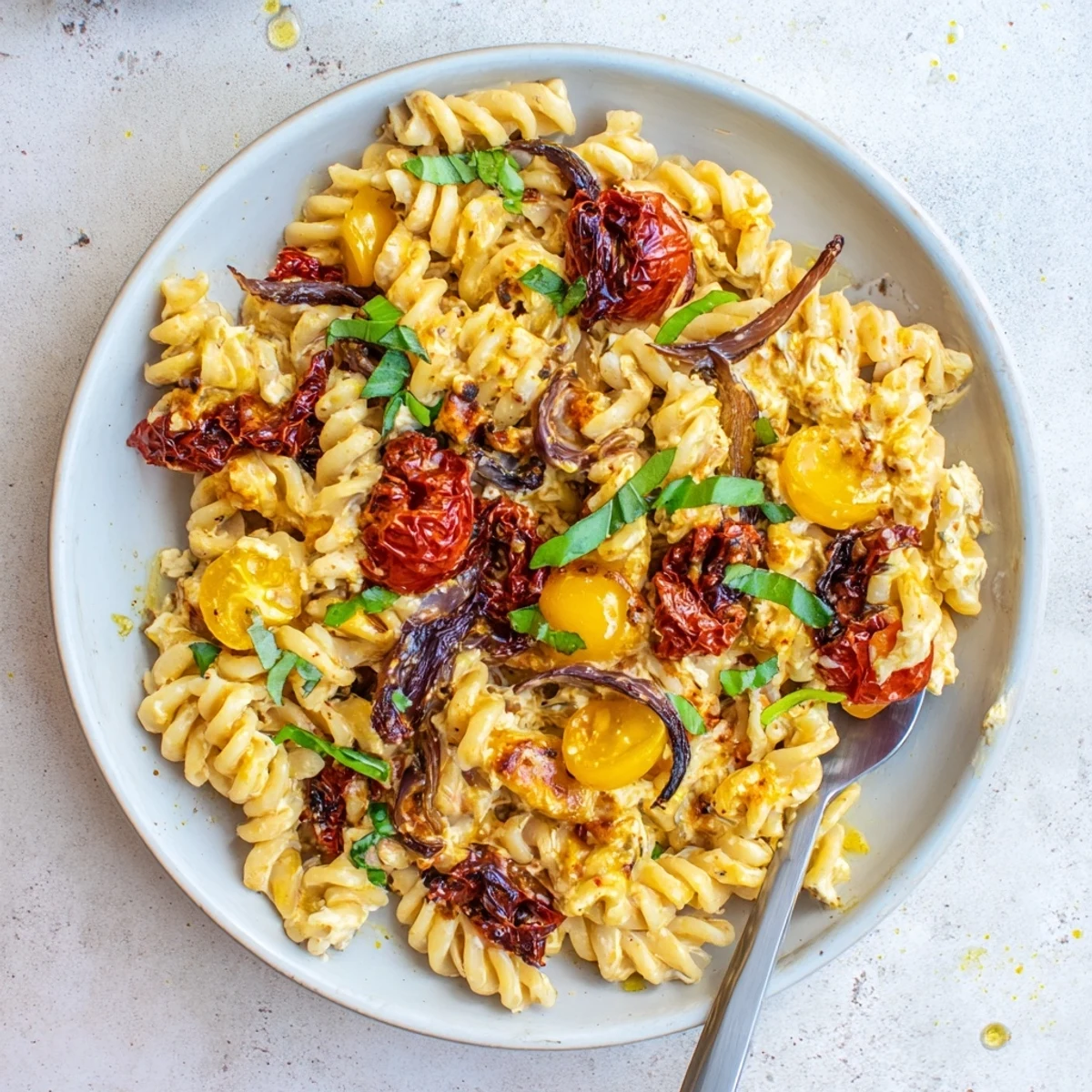 Golden baked feta pasta, bursting with flavors of tomatoes and garlic bliss.