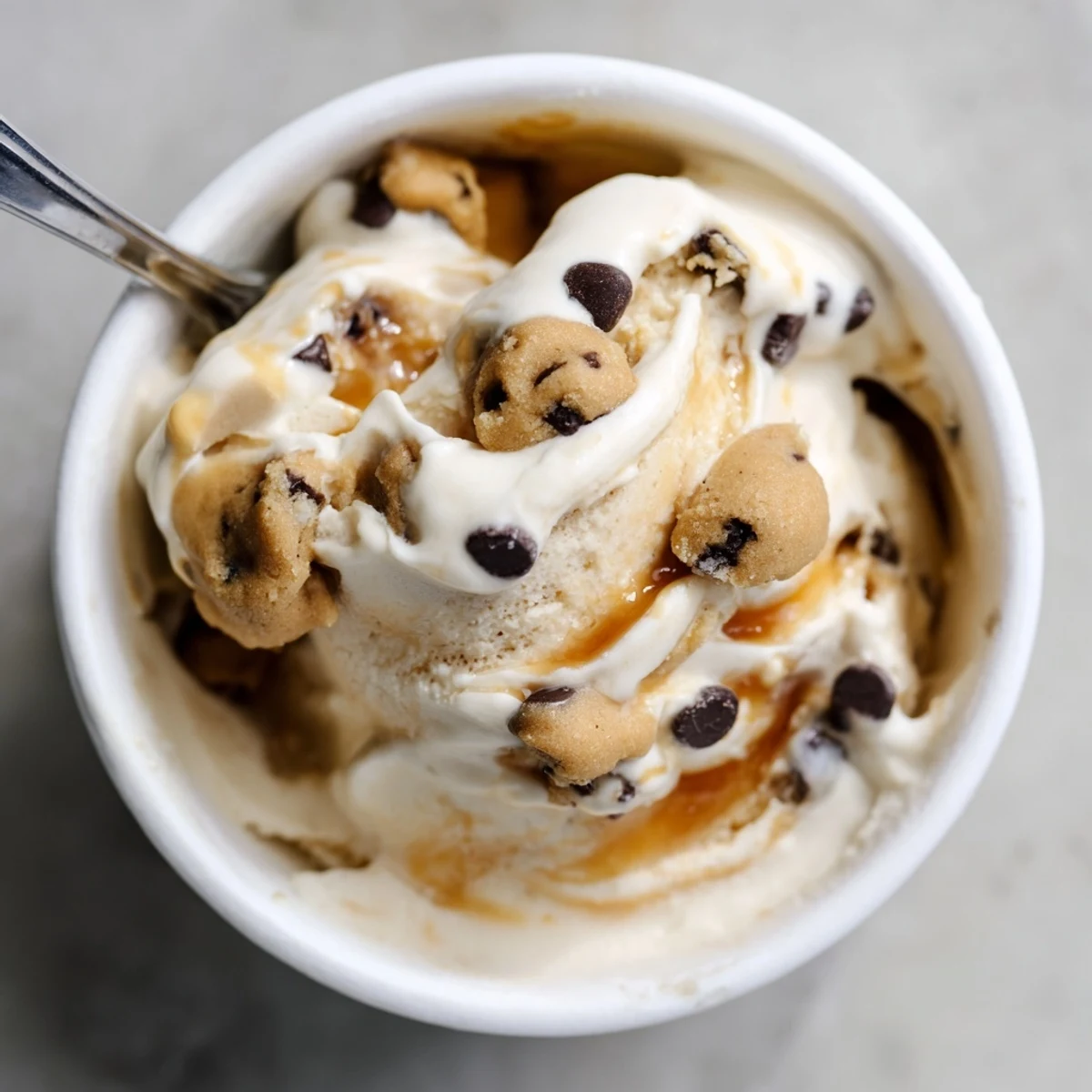 Guilt-free cottage cheese ice cream, rich in flavor and cookie dough bites.  