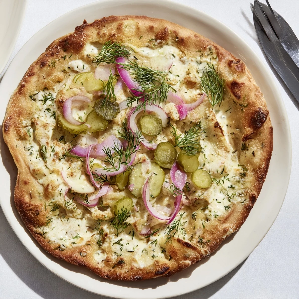 Tangy Pickle Pizza topped with creamy sauce, mozzarella, and crunchy dill pickles.