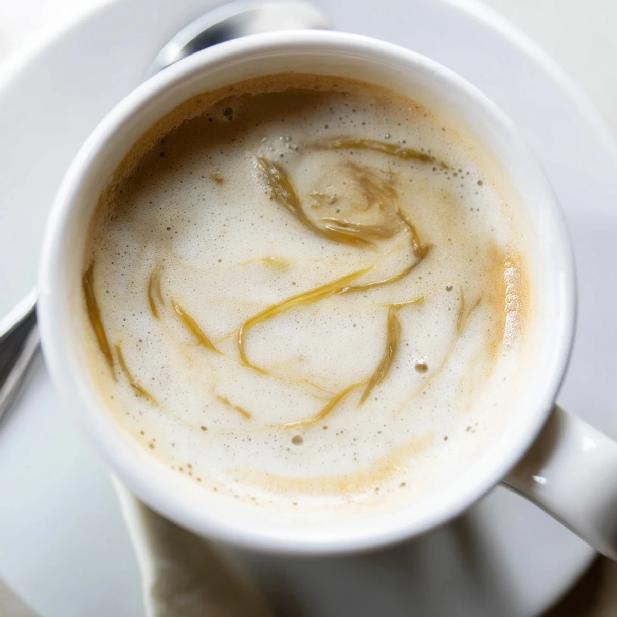Creamy Onion Latte topped with frothy milk, offering a savory coffee experience.  
