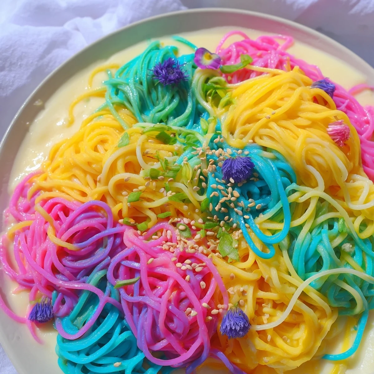 Vibrant Neon Noodle Cloud dish featuring colorful noodles in creamy sauce.  