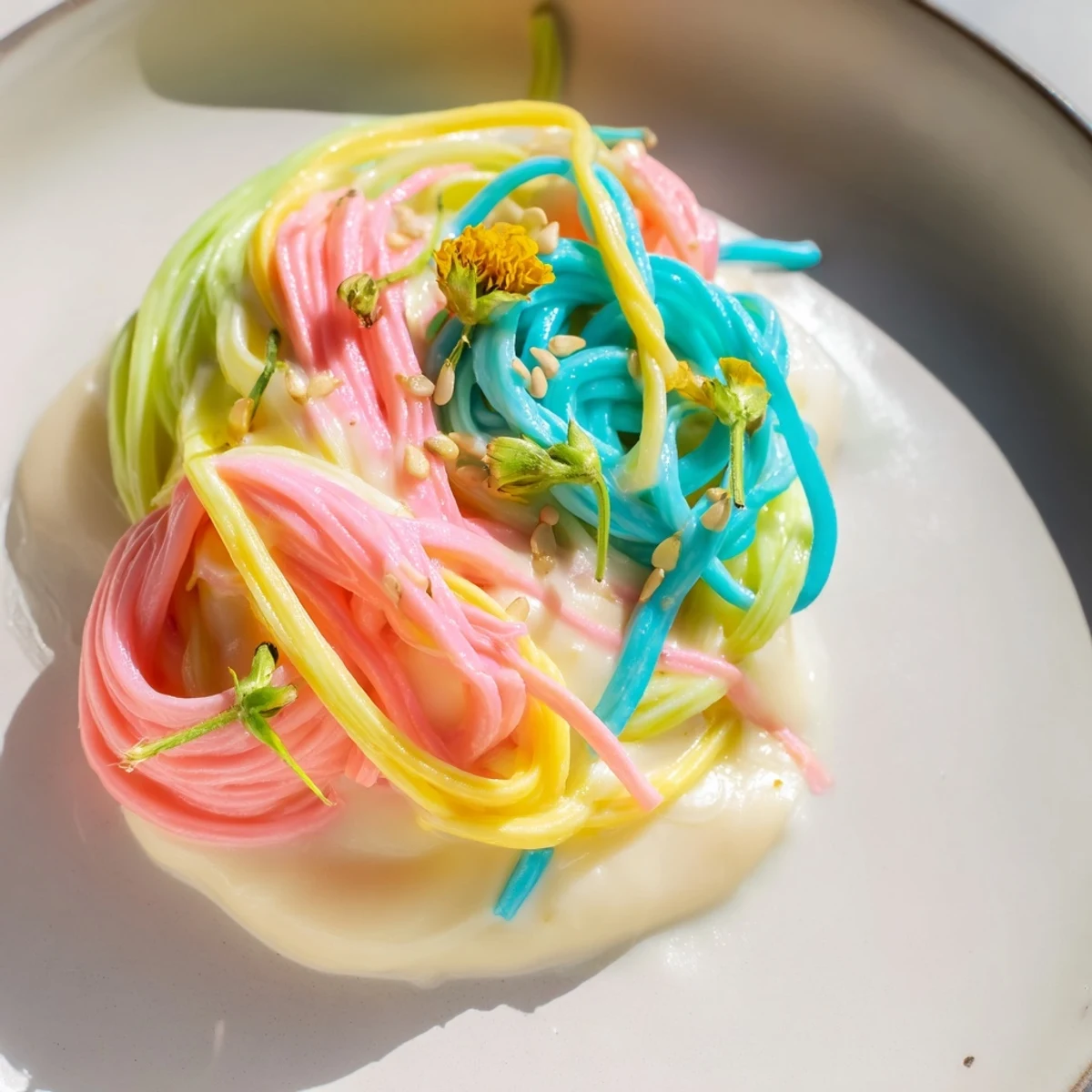 Whimsical Neon Noodle Cloud coated in a dreamy, soft, and creamy sauce.  