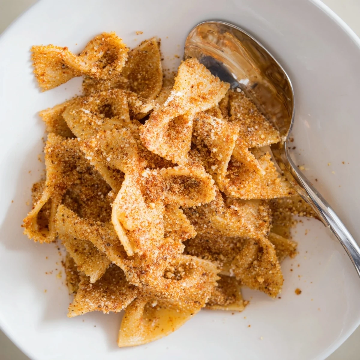 Crunchy Pasta Chips seasoned with garlic and smoked paprika for flavorful snacking.  