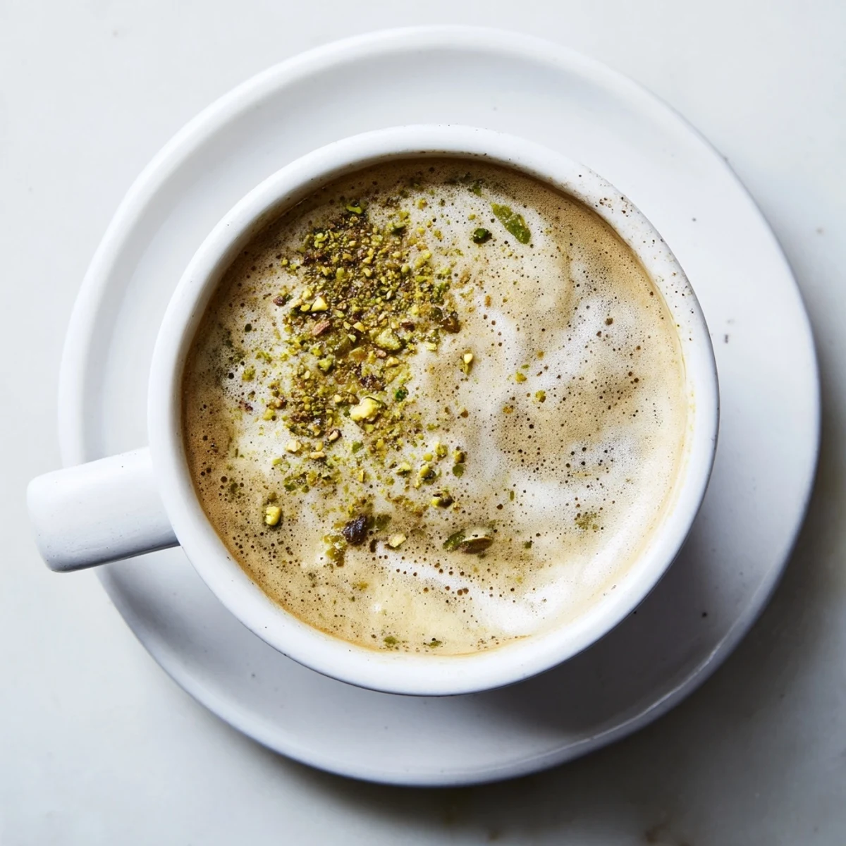 Creamy pistachio milk latte topped with crushed nuts, perfect for coffee lovers.  