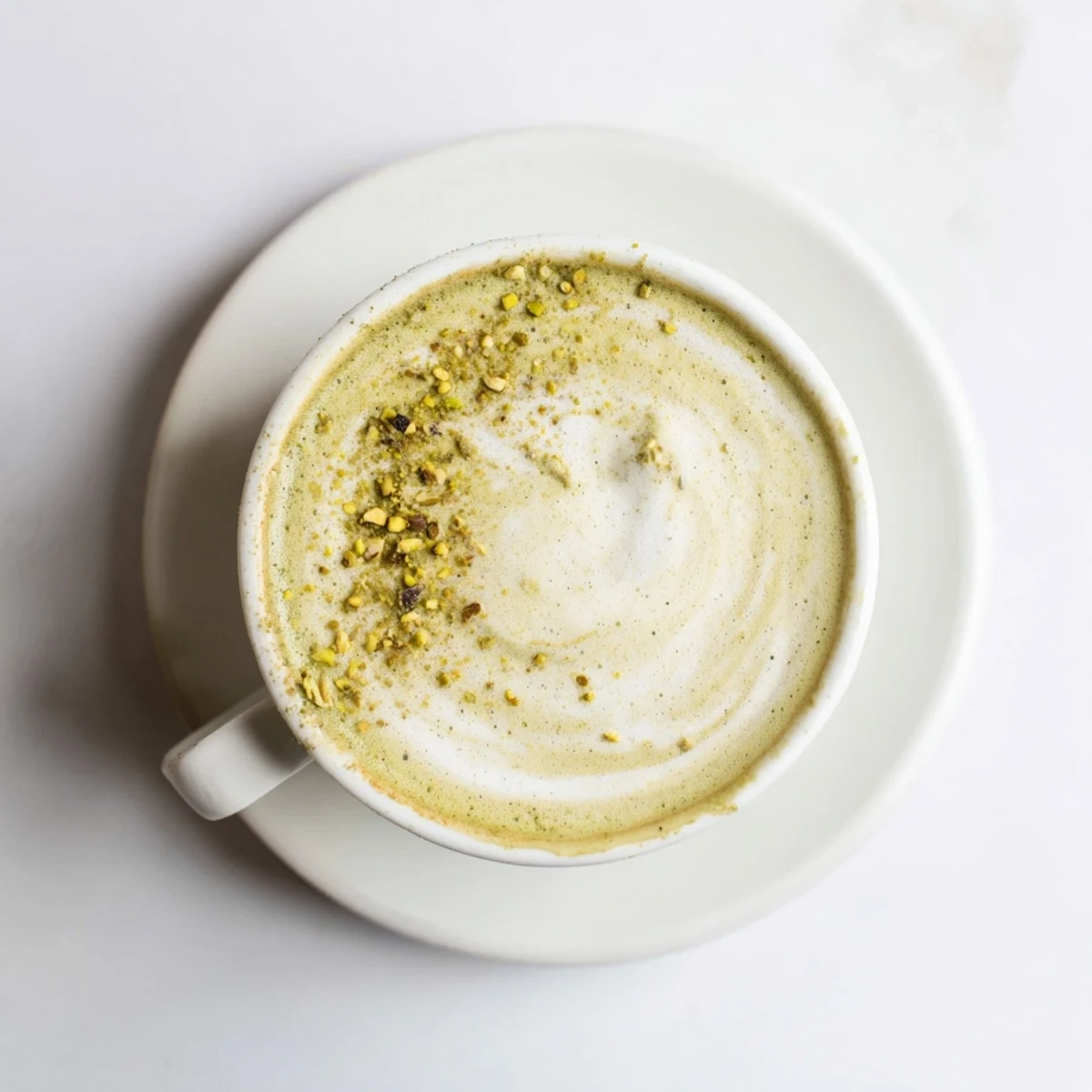 Delicious homemade pistachio milk latte garnished with crunchy pistachios for added texture.  