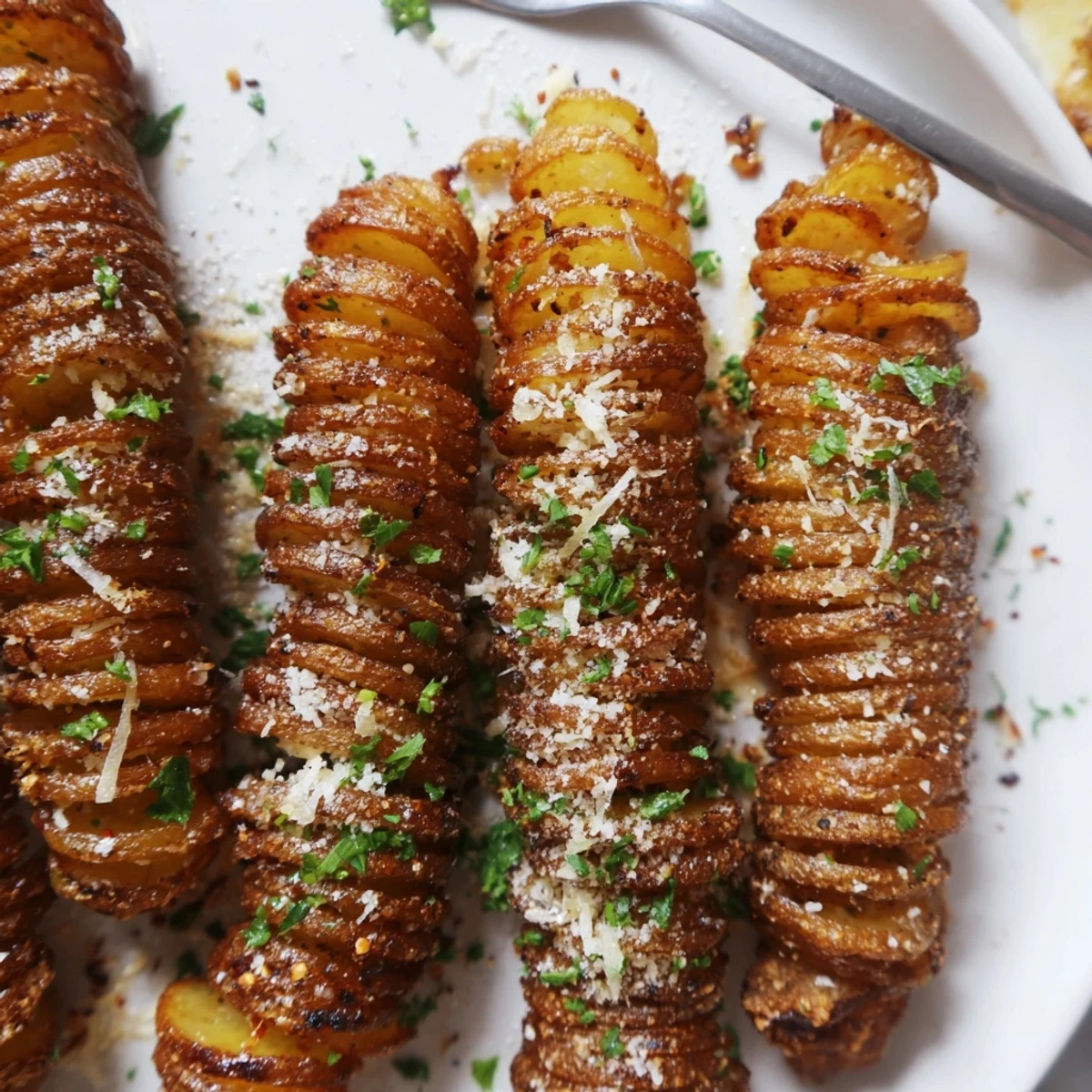 Crispy Air-Fryer Tornado Potatoes skewers drizzled with garlic and paprika seasoning.  