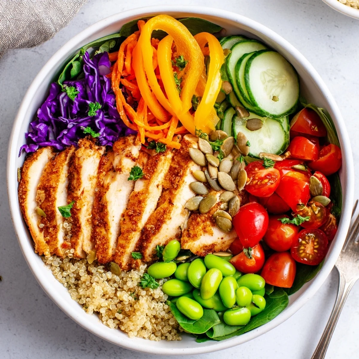 Layered Healthy Meal-Prep Bowls filled with grilled chicken and fresh produce for nourishment.