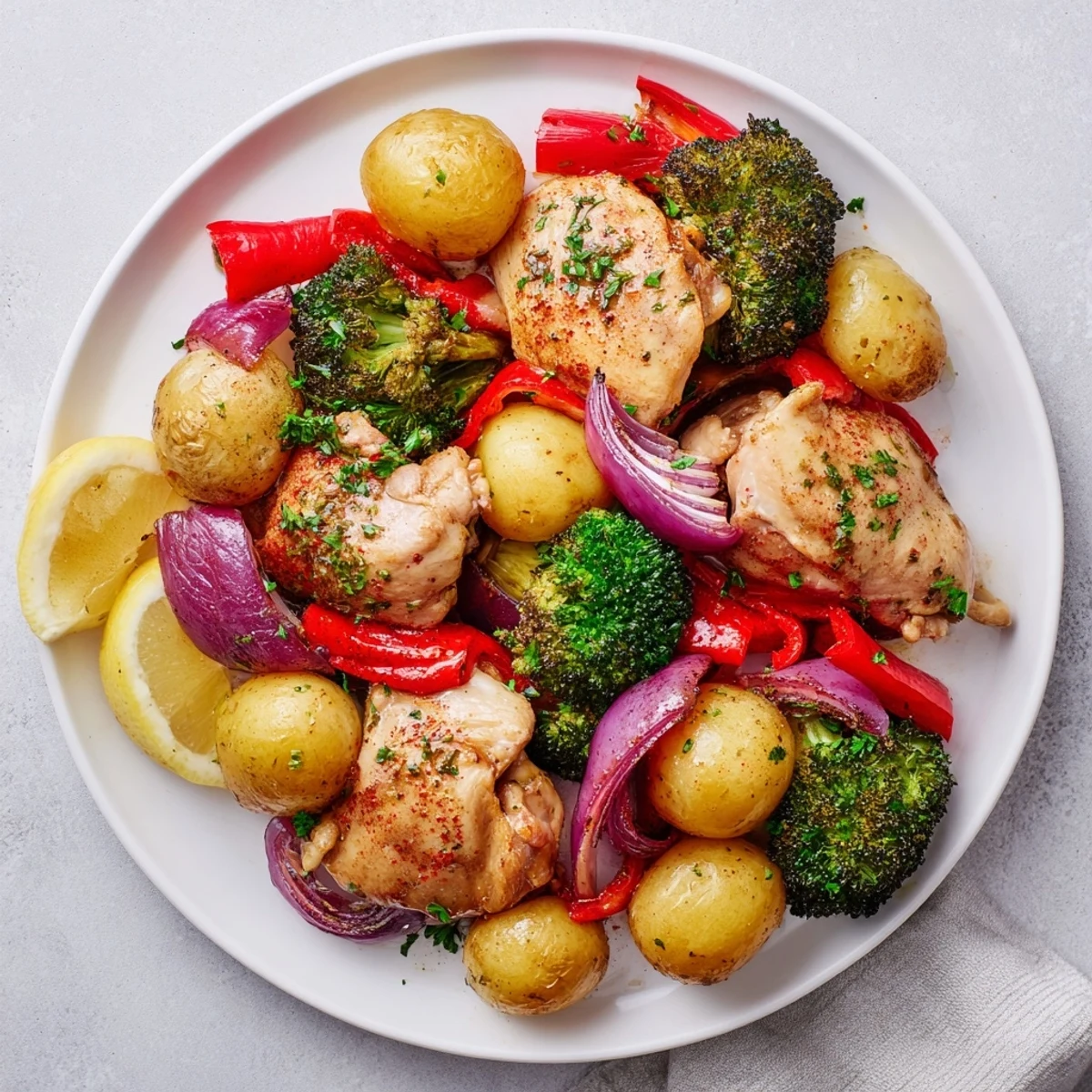 Lazy Gourmet Chicken & Vegetable One-Pot dish with vibrant vegetables and juicy chicken thighs.  