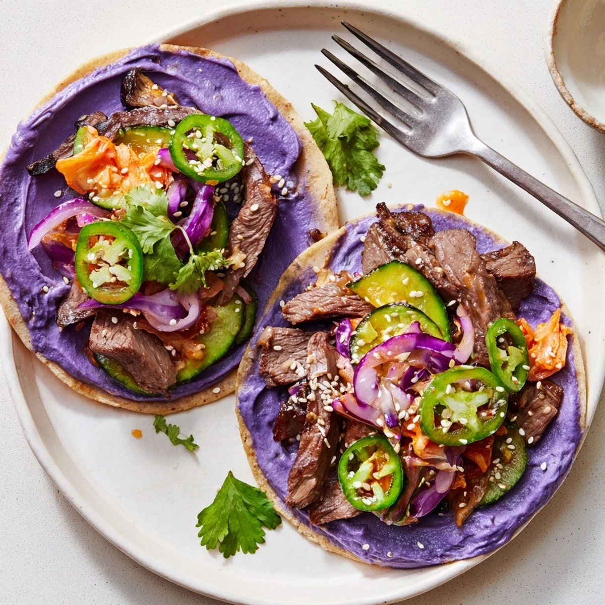 Vibrant Global Street-Food Fusion Tacos filled with marinated beef and fresh toppings.  