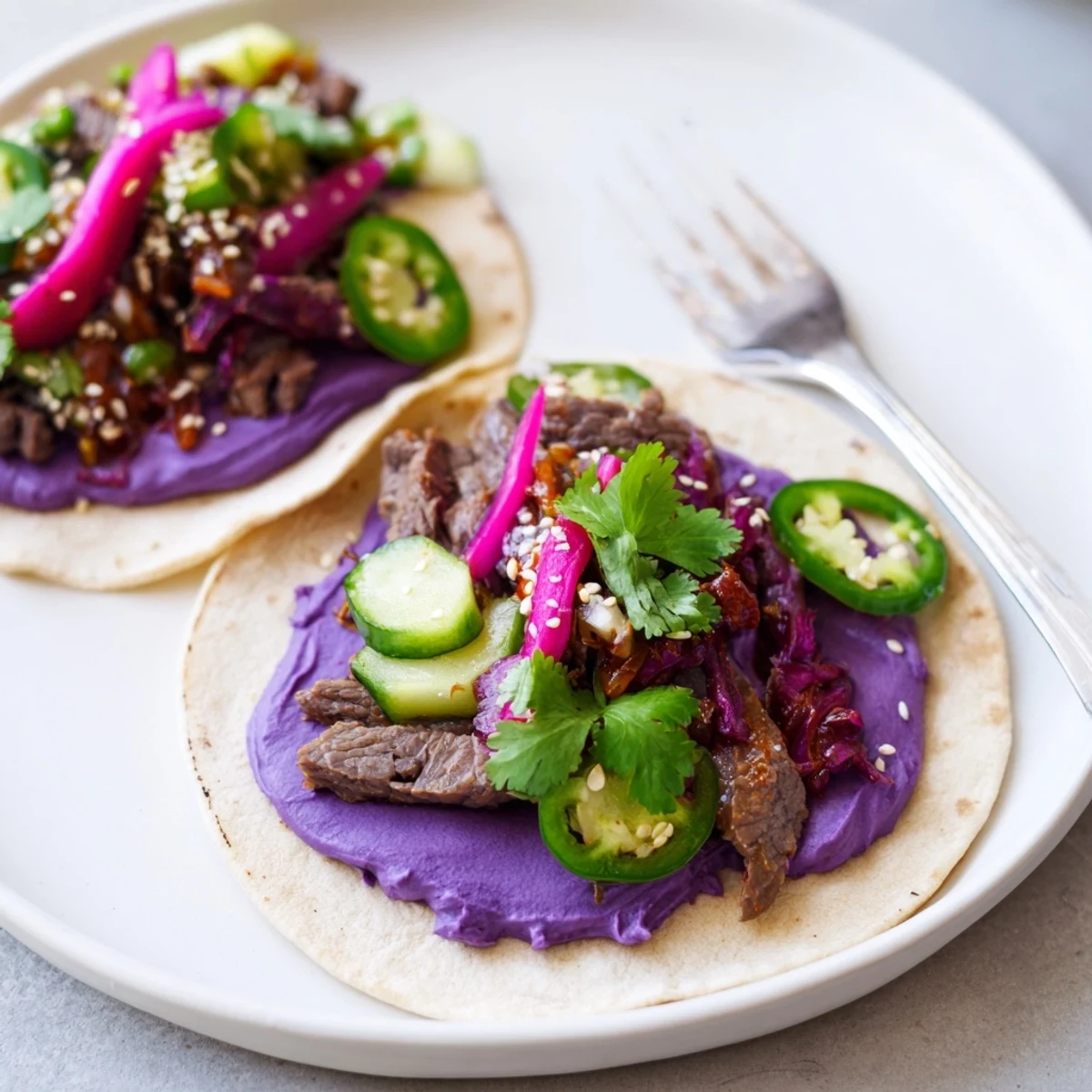 Colorful bowls of Global Street-Food Fusion Tacos featuring bright purple ube crema.  