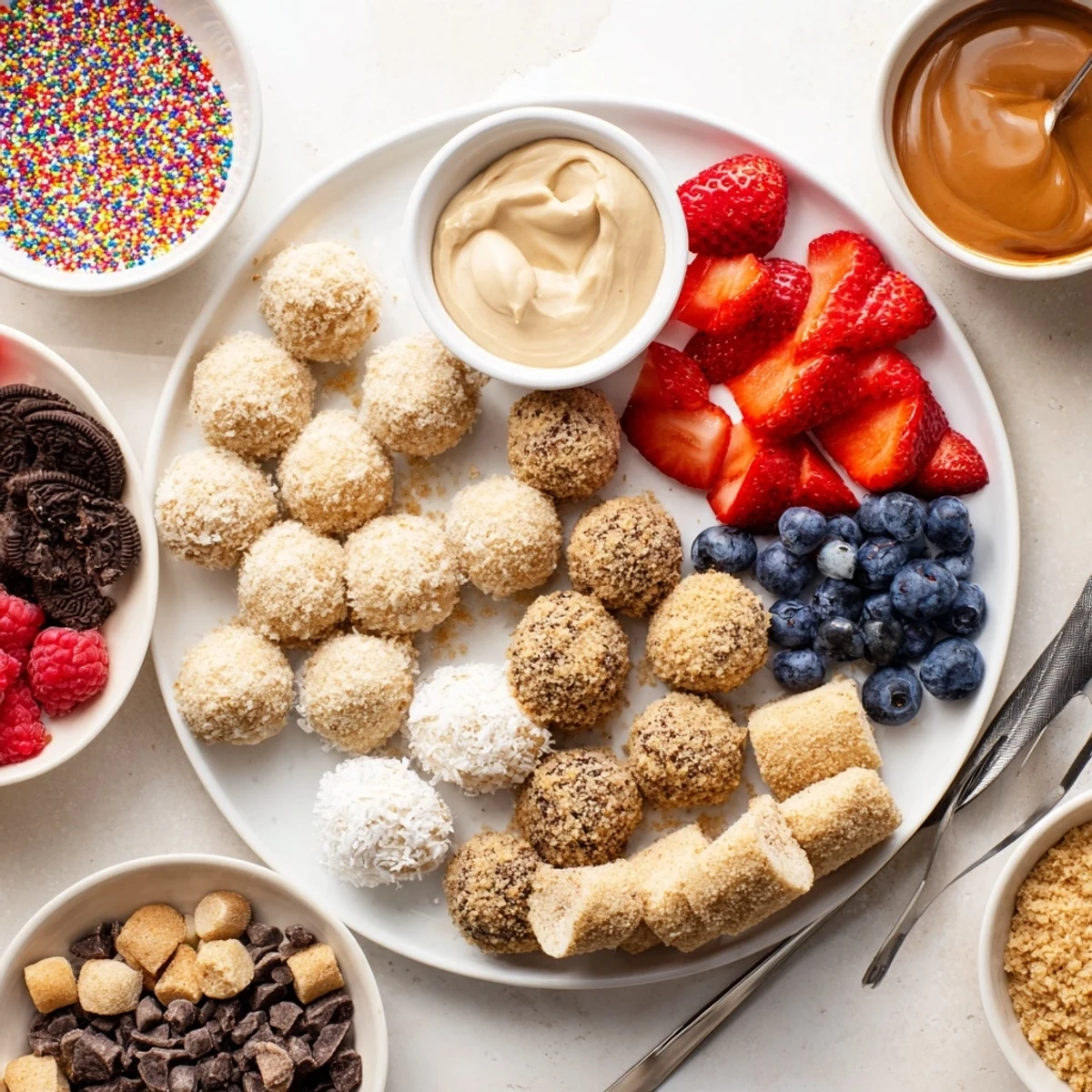 Deconstructed Dessert Board showcasing creamy cheesecake bites with vibrant fresh fruit toppings.  