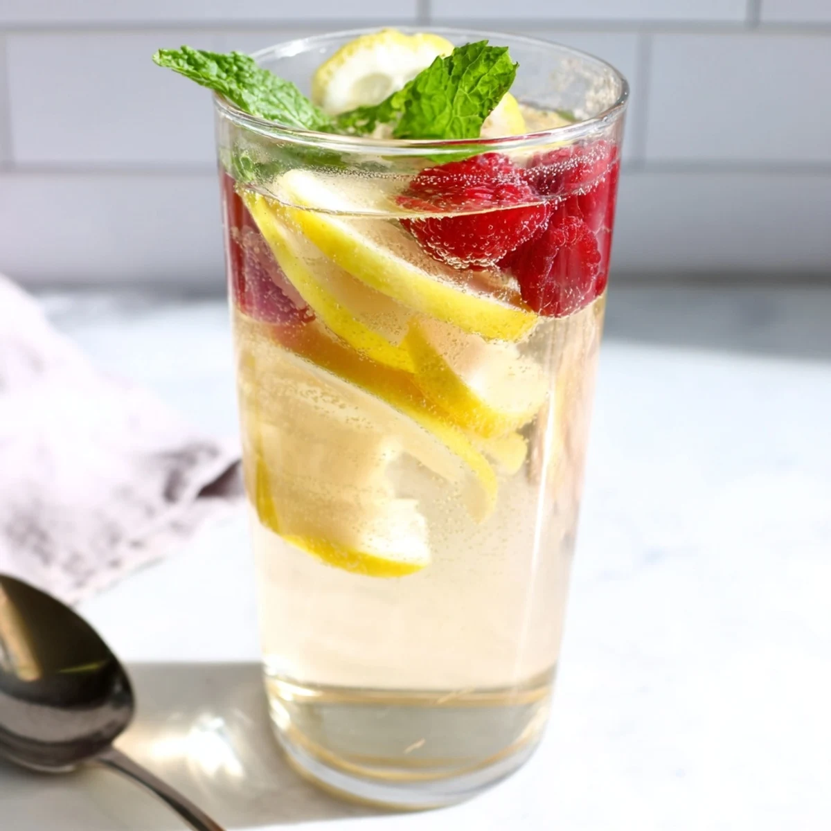 Refreshing kombucha-style home-brew mocktails garnished with fresh mint and citrus slices.  