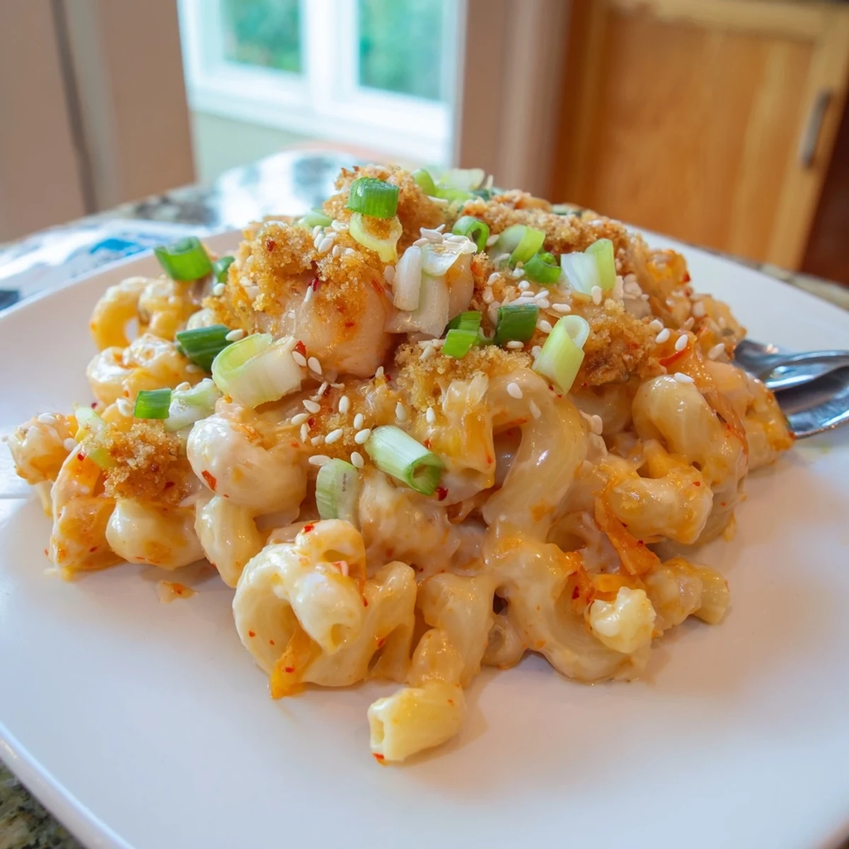 Baked Spicy Kimchi Mac & Cheese served hot, featuring melted cheeses and vibrant kimchi.  