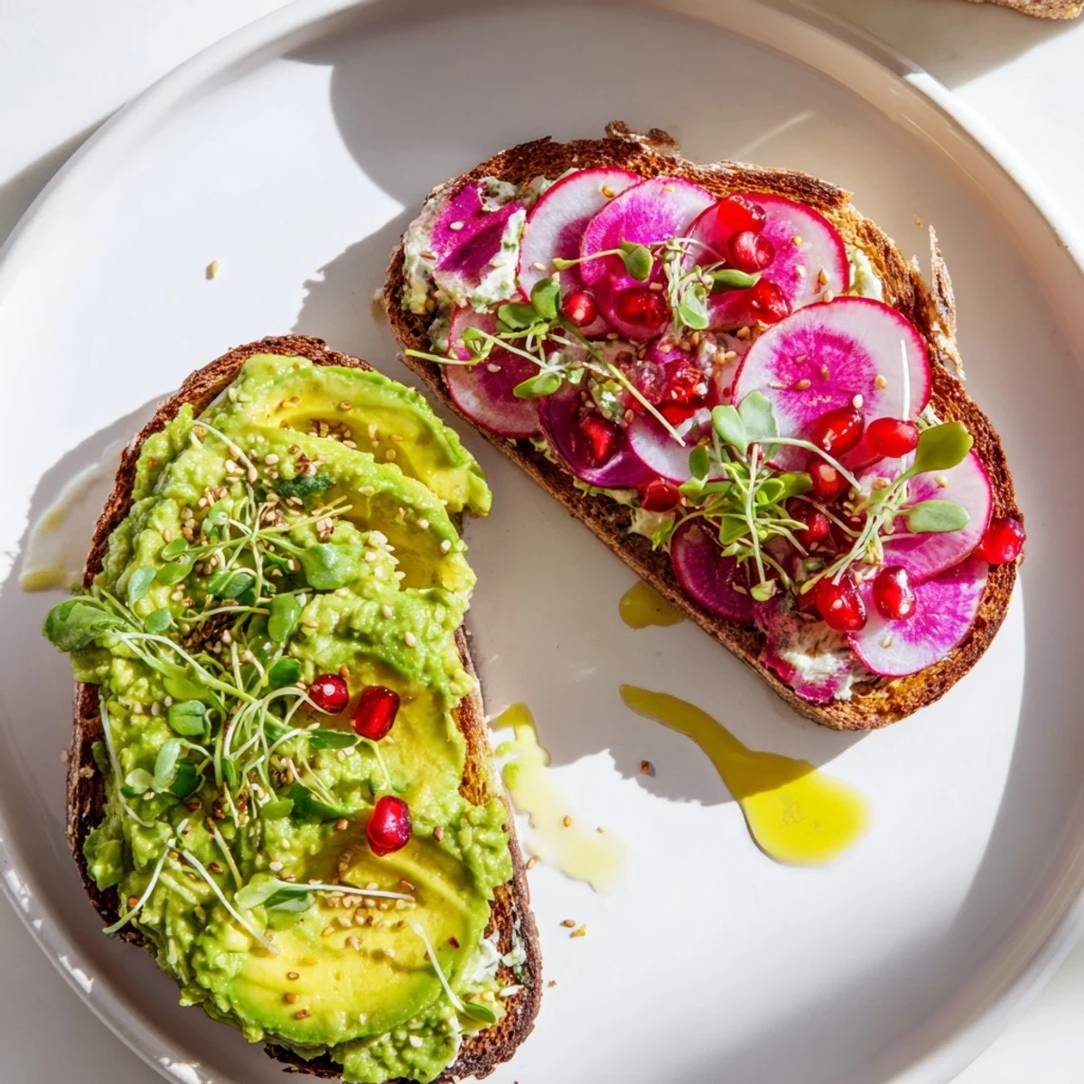 Vibrant Bright & Bold Breakfast Toasts topped with creamy ube and fresh avocado slices.  