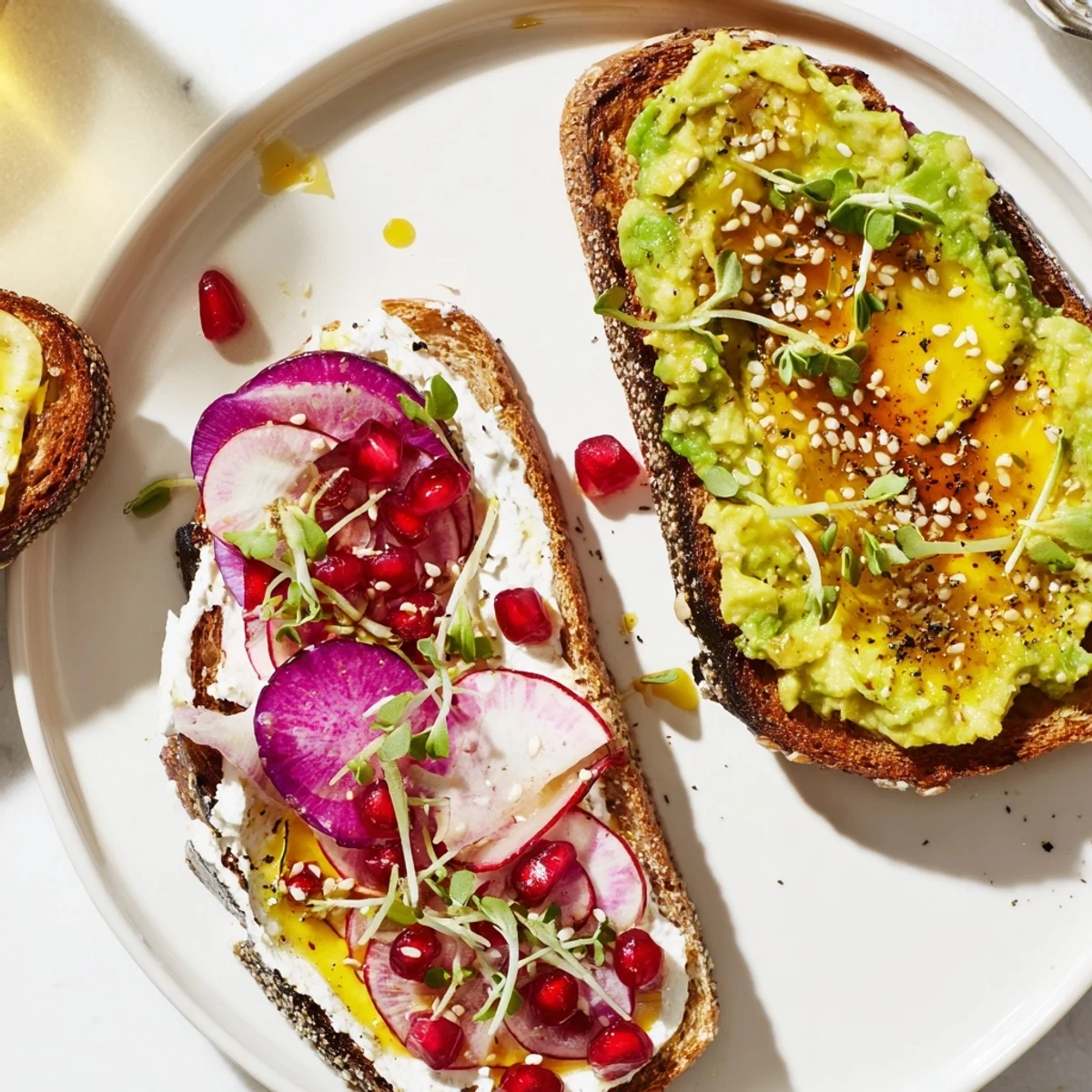 Colorful, Fusion-style Bright & Bold Breakfast Toasts drizzled with olive oil and garnished beautifully.  