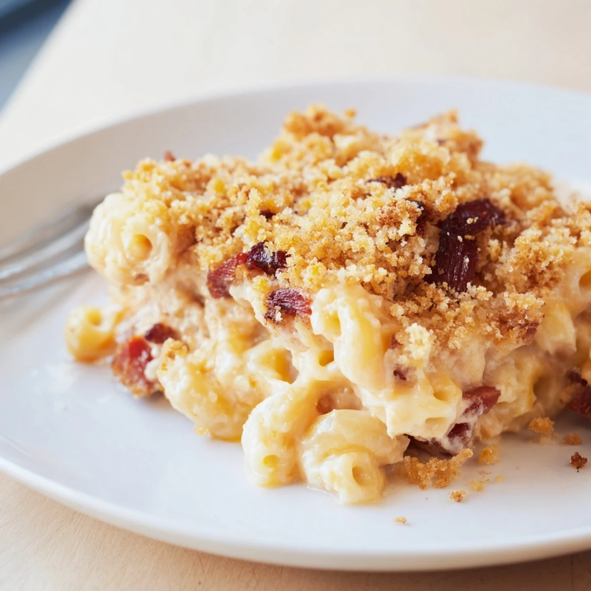 Delicious Classic Mac & Cheese featuring smoky BBQ chicken and a cheesy sauce.  
