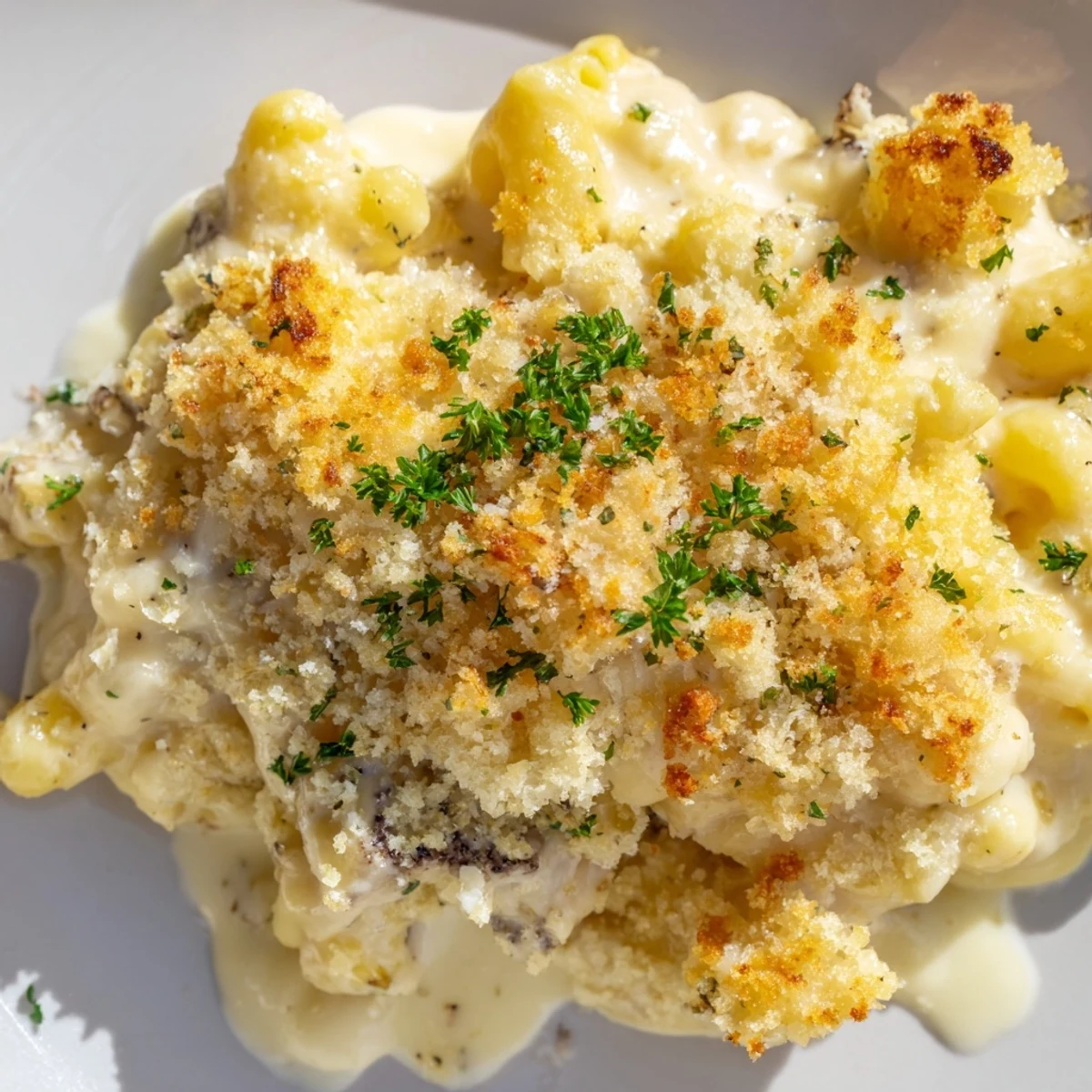 Decadent truffle macaroni and cheese, bubbling and golden, perfect for cozy dinners.  