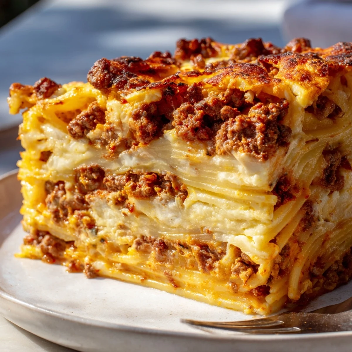 Layers of Greek Pastitsio with creamy béchamel and savory beef filling.  