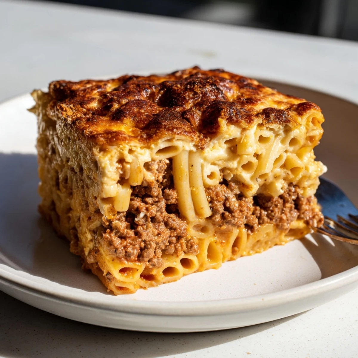 Golden-brown Greek Pastitsio baked until bubbling, perfect for family gatherings.  