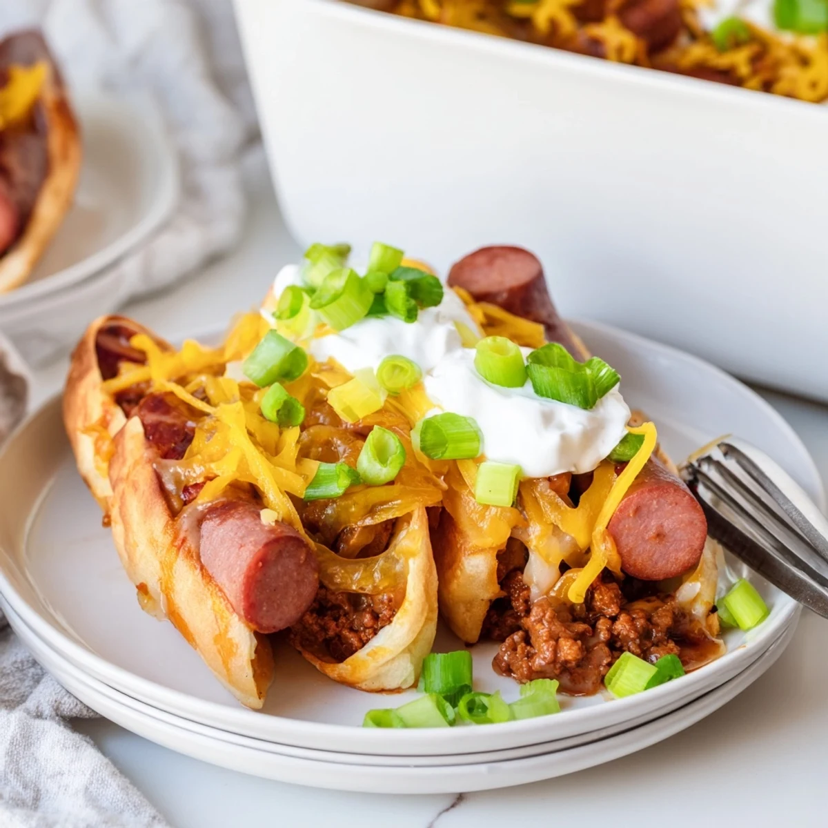 Cheesy Chili Dog Casserole baked until bubbly, topped with fresh green onion garnish.