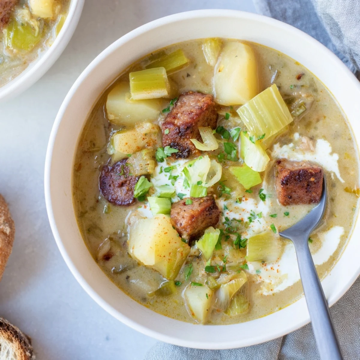 Warm and creamy Potato, Leek & Chorizo Soup steaming in a rustic bowl.  