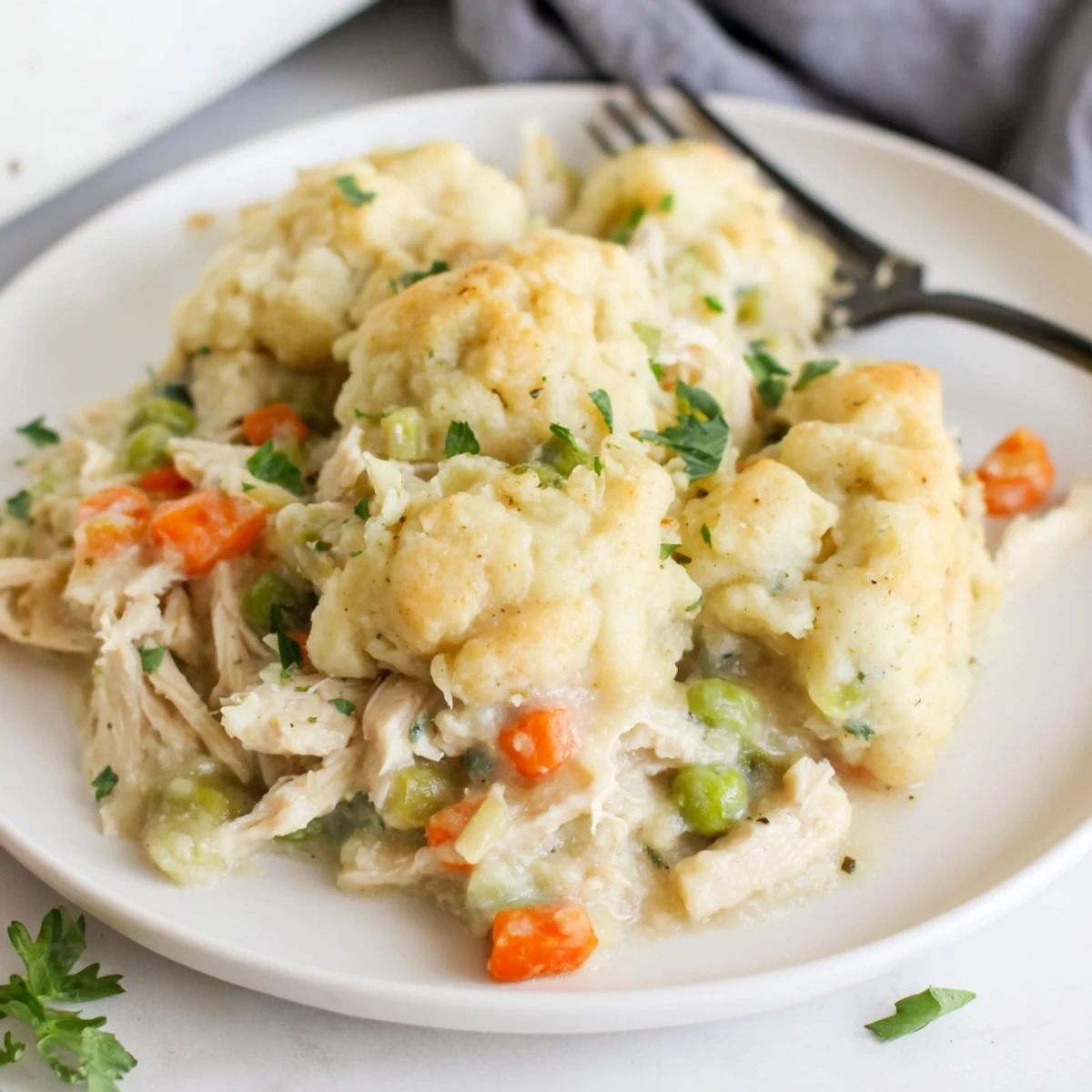 Comforting Chicken and Dumplings Casserole served warm, perfect for family dinners.