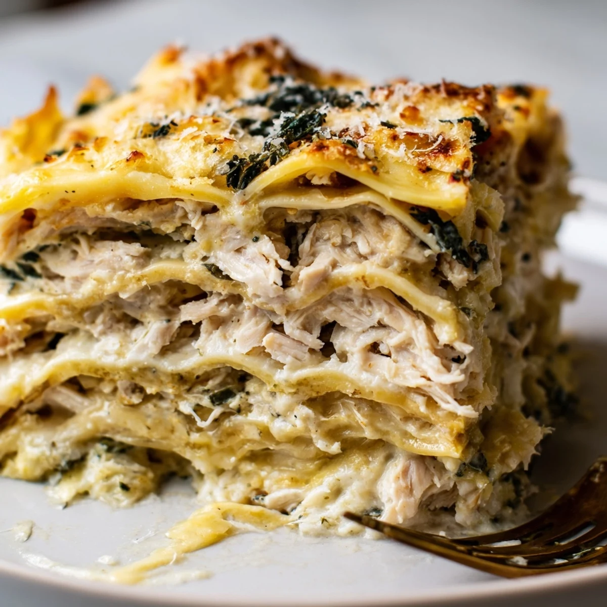 Comforting rosemary chicken lasagna, bubbling with cheese and fragrant herbs, ready to enjoy.  