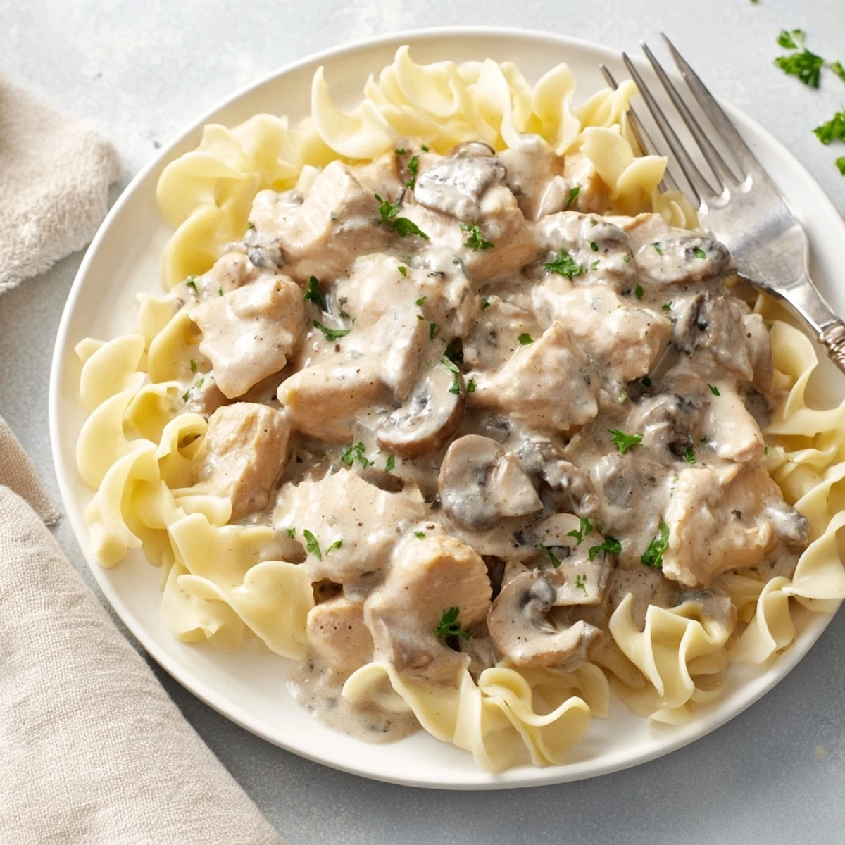 Tender chicken pieces simmered in a rich, creamy mushroom sauce for comfort.  
