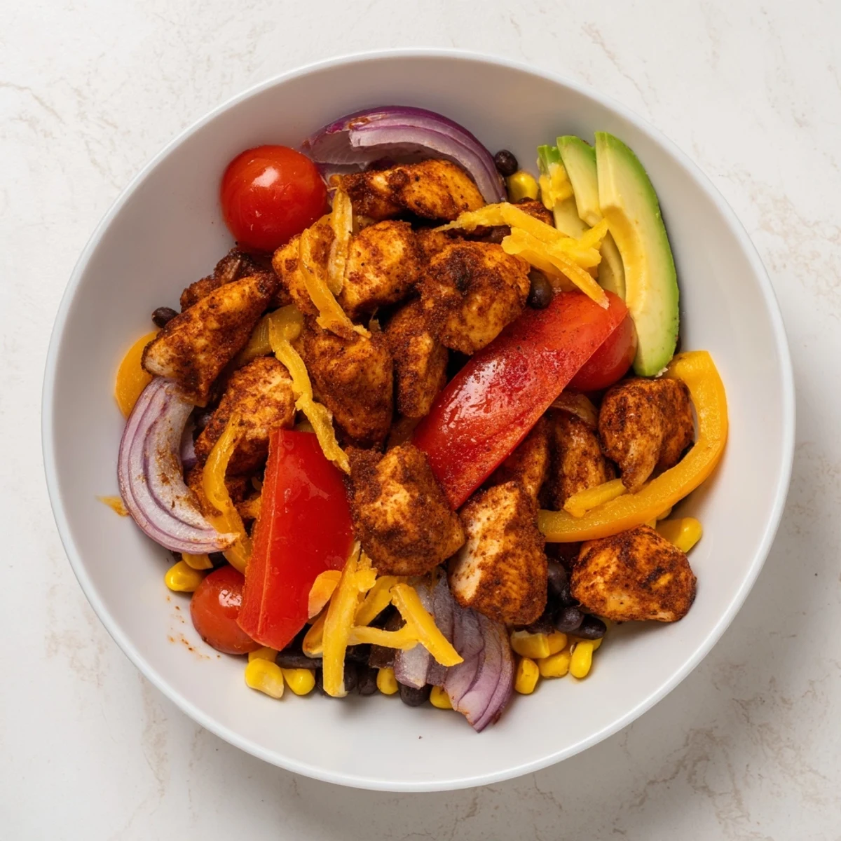 Sheet Pan Chicken Burrito Bowls offer a colorful array of roasted vegetables and seasoned chicken.