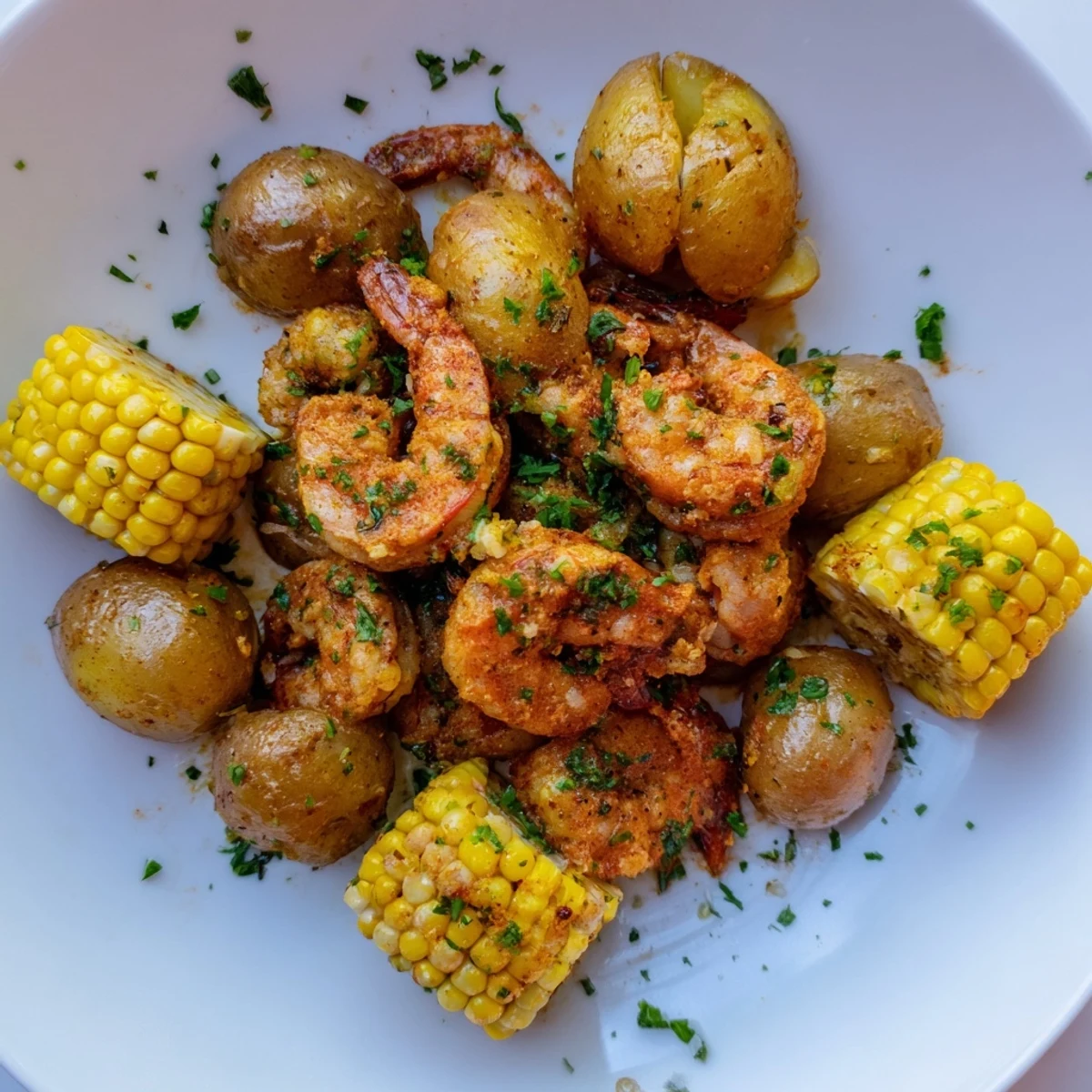 Delicious Cajun Shrimp & Sweet Corn Platter with plump, pink shrimp and roasted vegetables.