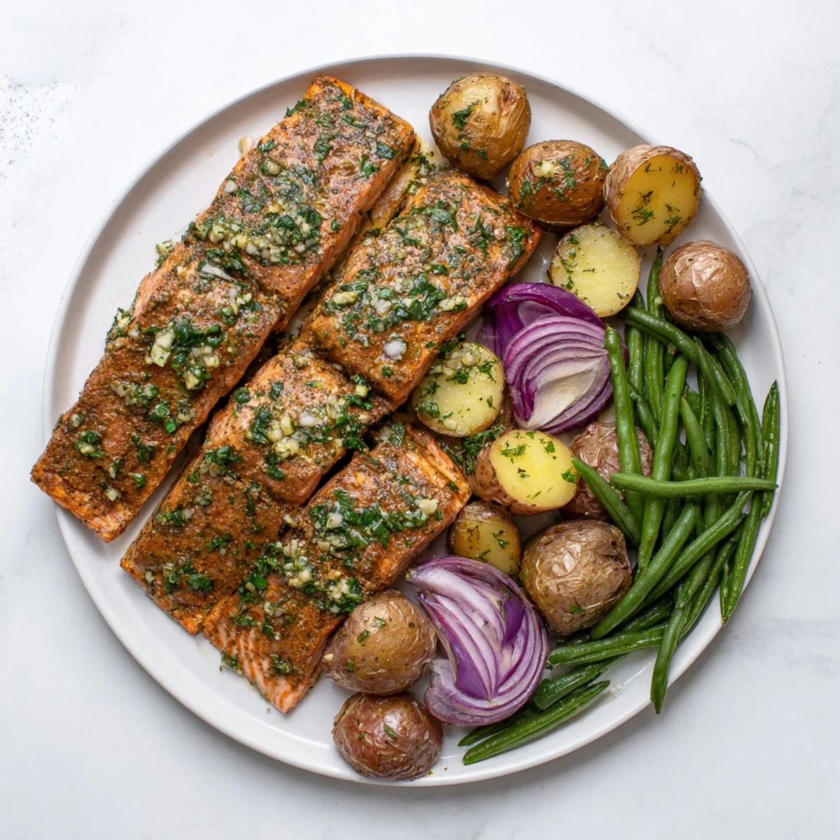 Sheet pan Lemon Herb Salmon with golden potatoes, a flavorful and healthy American dinner.