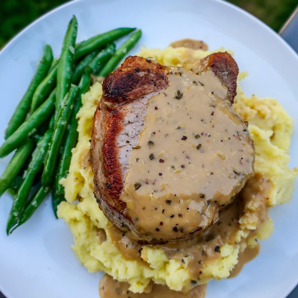 Savory Pork Chops & Cheddar Mash Bowl featuring golden seared pork chops and crisp green beans.