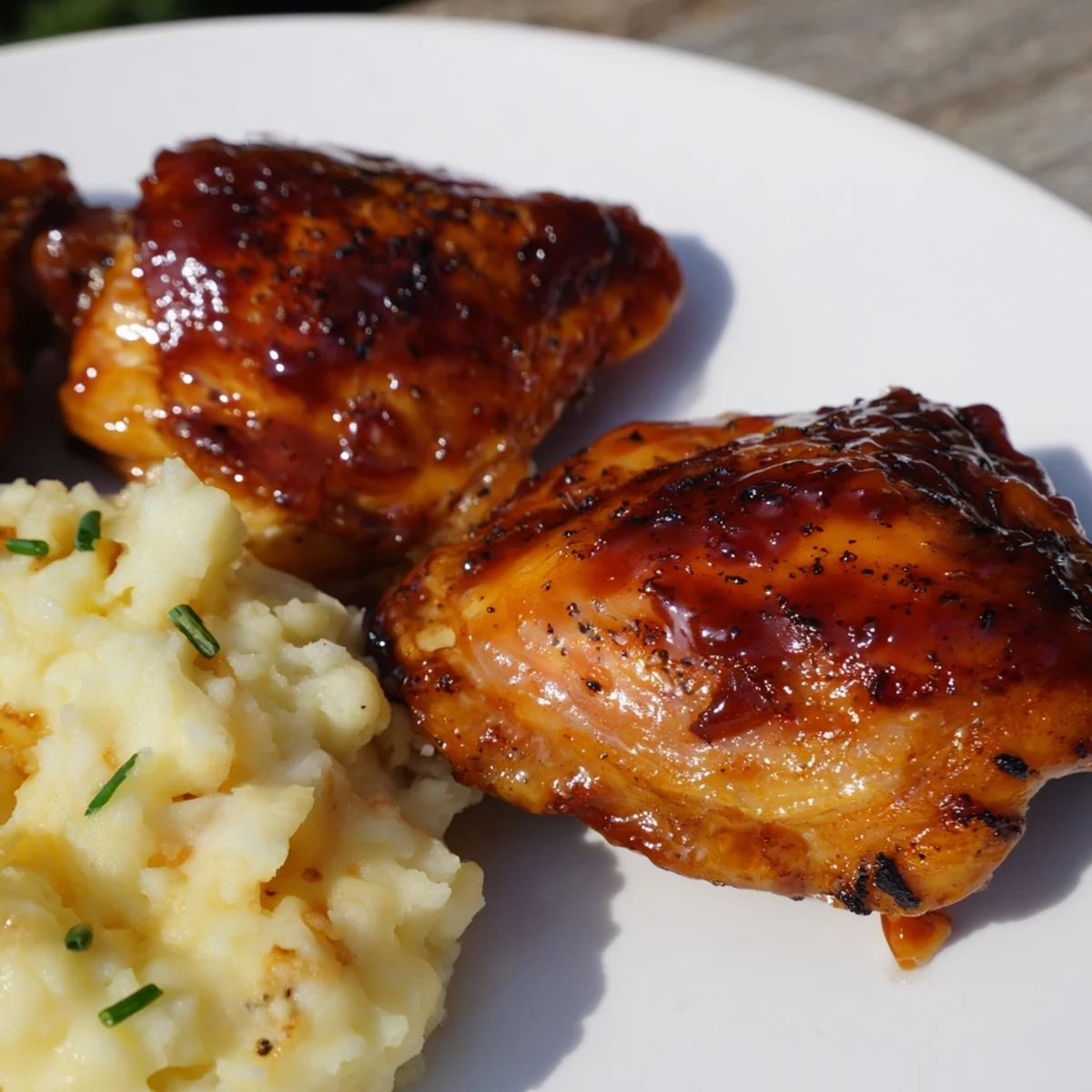 Honey BBQ Chicken Thighs glistening with sauce, served alongside fluffy, creamy garlic mashed potatoes.