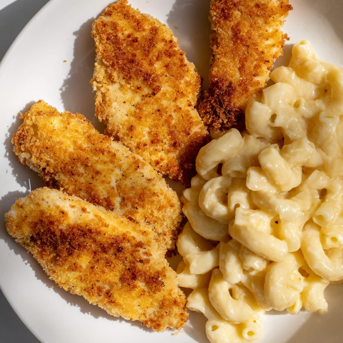 Golden-fried crispy chicken tenders alongside creamy macaroni and cheese for a classic American meal.