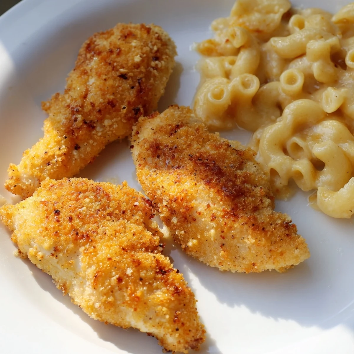 Enjoy a plate of perfectly cooked crispy chicken tenders with velvety macaroni and cheese.