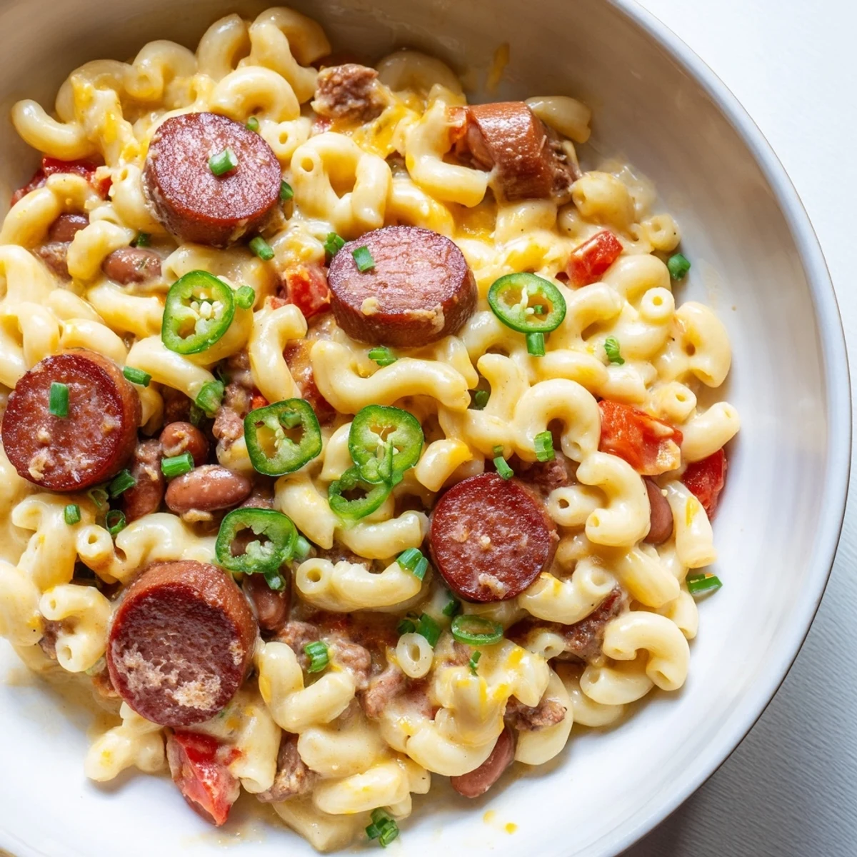 Delicious Chili Cheese Dog Mac & Cheese, combining creamy pasta, savory chili, and juicy hot dogs.