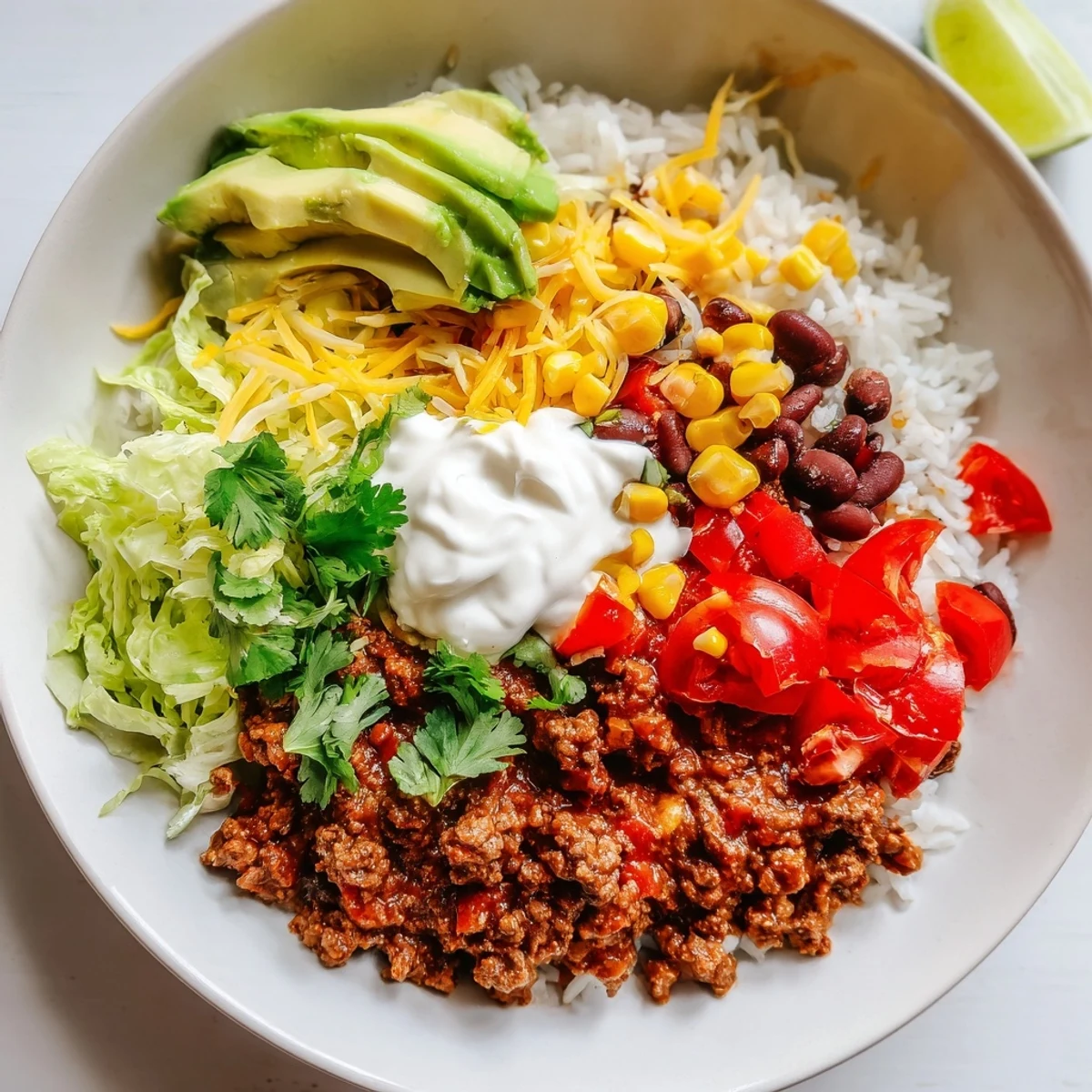 Flavorful loaded beef burrito bowl with juicy beef, creamy toppings, and fresh ingredients ready to eat.