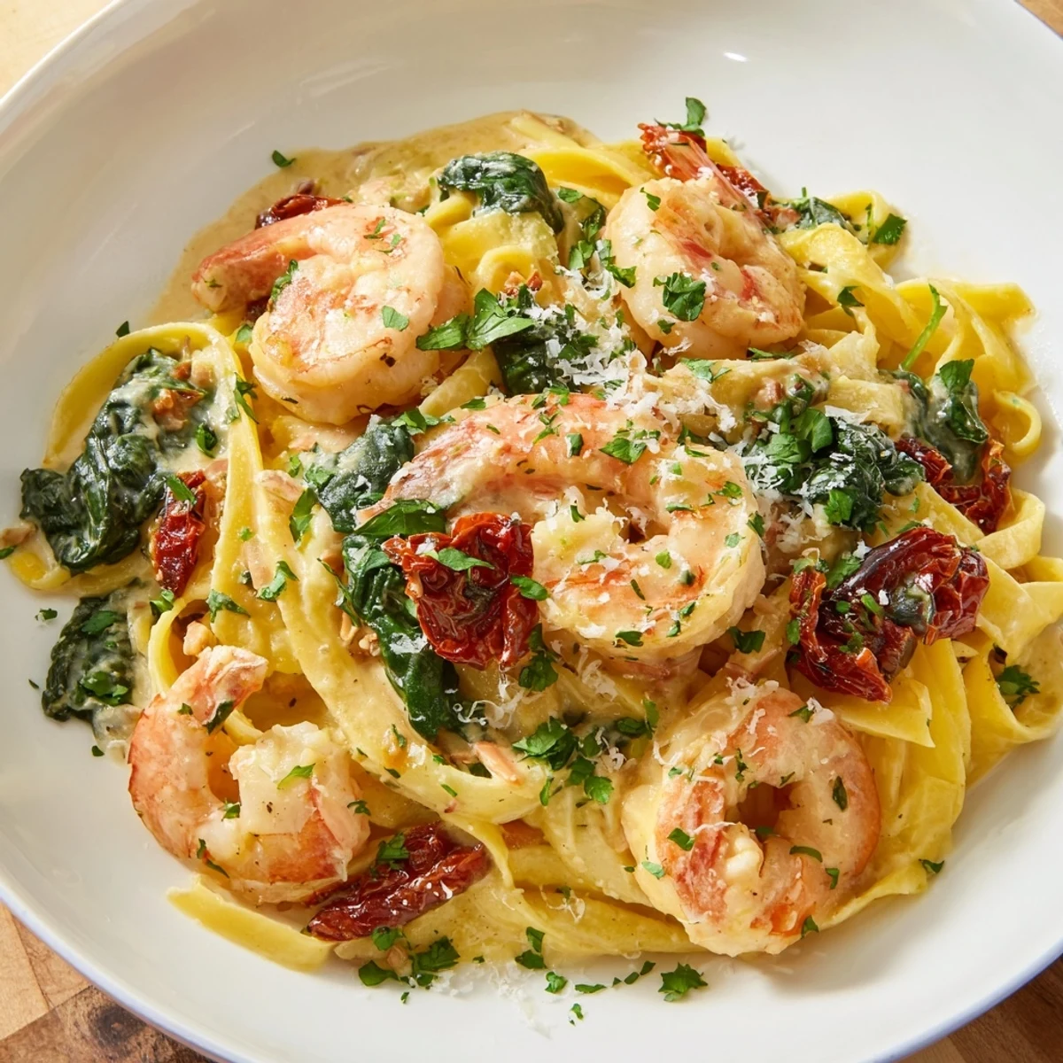 A plate of Tuscan Garlic Shrimp Pasta shows the vibrant colors of shrimp, spinach and a creamy sauce.