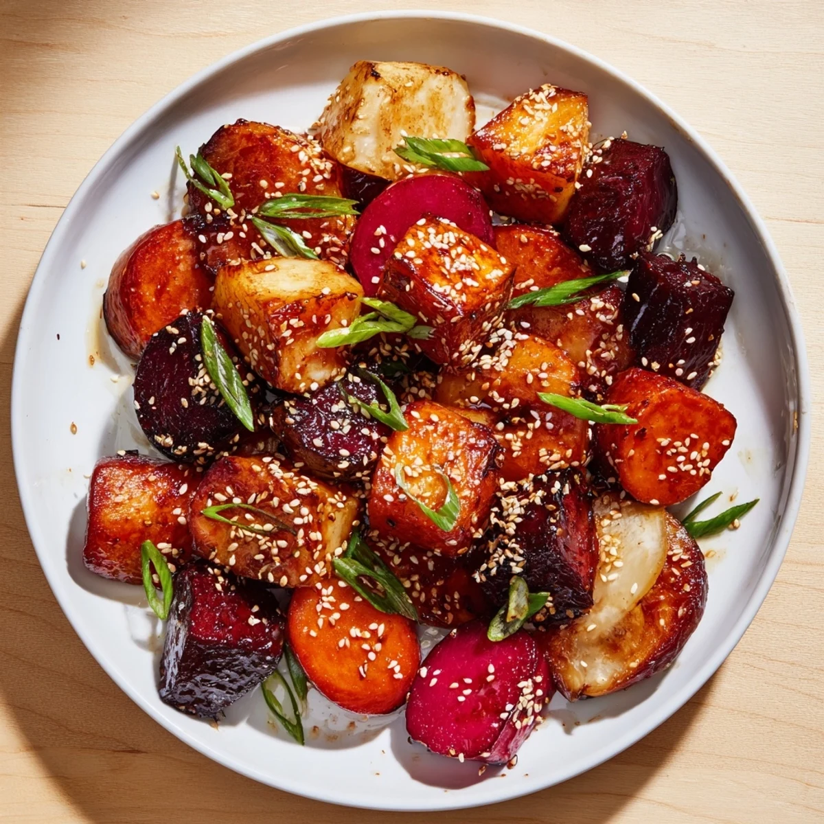 Vibrant image of Miso Roasted Winter Vegetables, showcasing the colorful, glazed vegetables ready to serve warm.