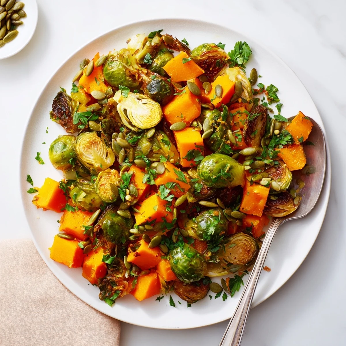 Warm, colorful photo: Crispy, caramelized Roasted Brussels Sprouts & Butternut Squash, coated in citrus dressing.