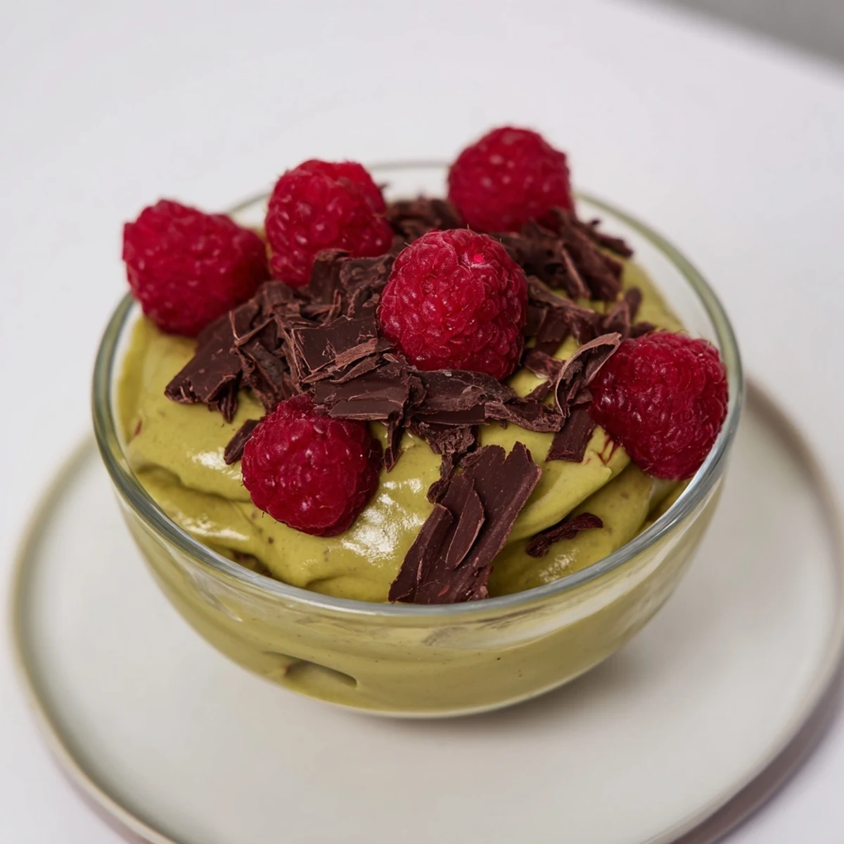A close-up of creamy avocado chocolate mousse with a swirl of rich cocoa and vibrant red raspberries.