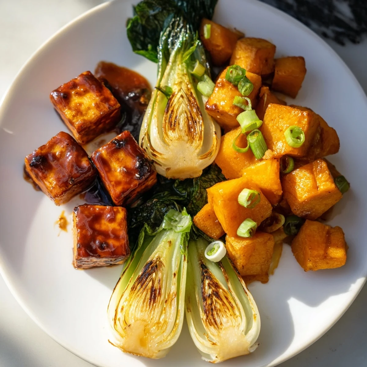 Close-up of caramelized miso-glazed tofu and tender roasted squash, a delicious vegan dish.