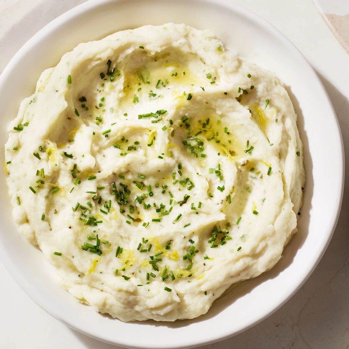 Creamy cauliflower mash with garlic and lemon, served hot, a delicious low-carb side.