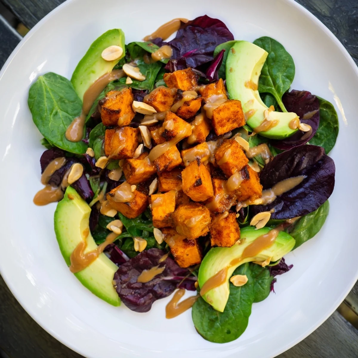 Warm roasted sweet potatoes in a Spiced Peanut Sweet Potato Salad Bowl with vibrant, fresh ingredients.