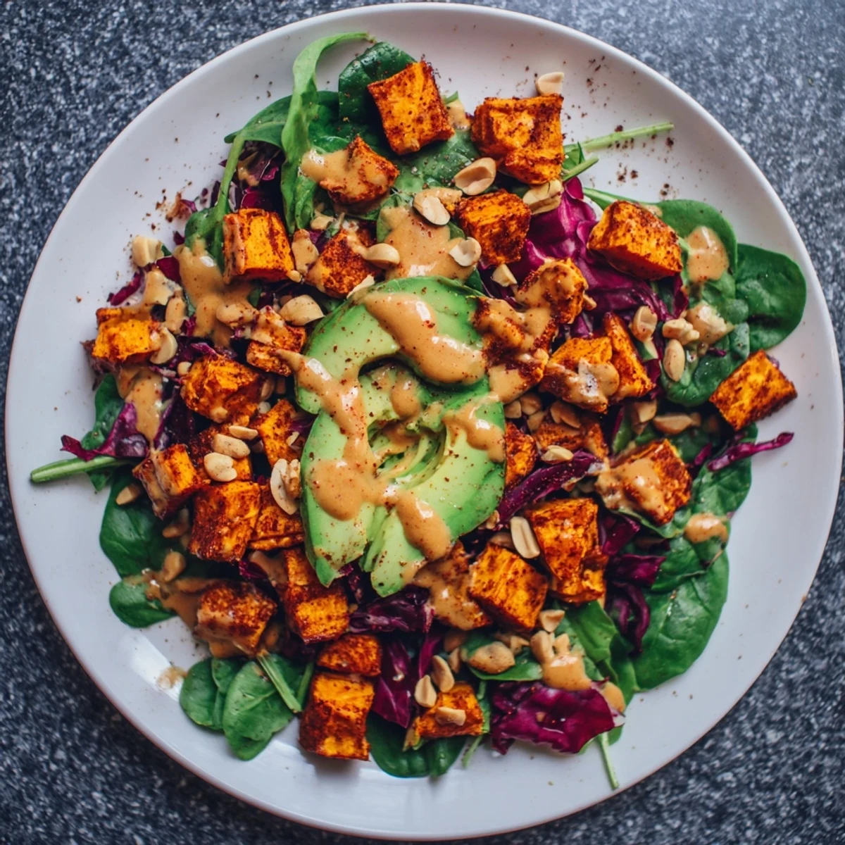 This delicious Spiced Peanut Sweet Potato & Radicchio Salad Bowl is topped with creamy avocado and crunchy peanuts.