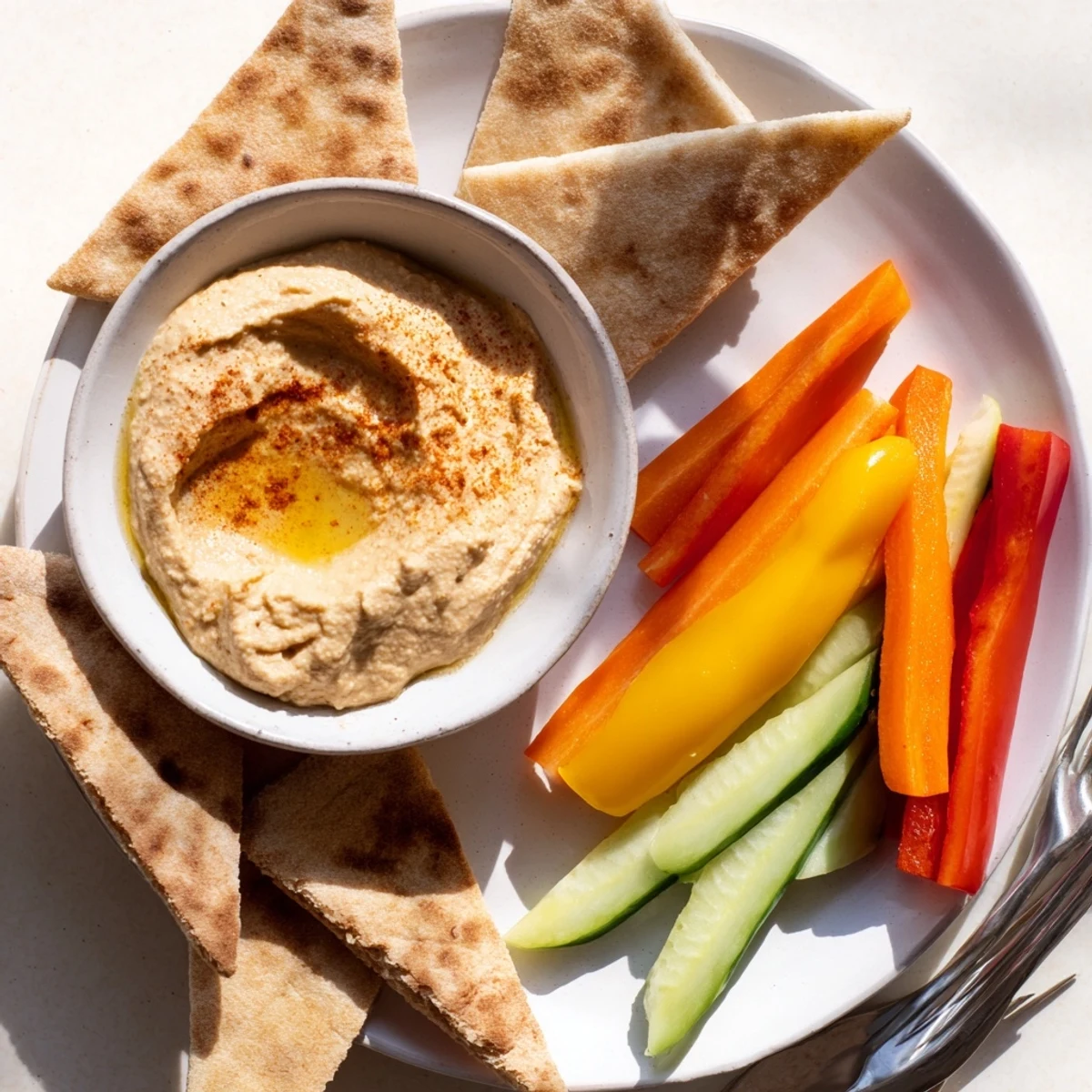 Enjoy freshly made DIY hummus with warm pita bread and crunchy colorful veggie sticks for dipping.