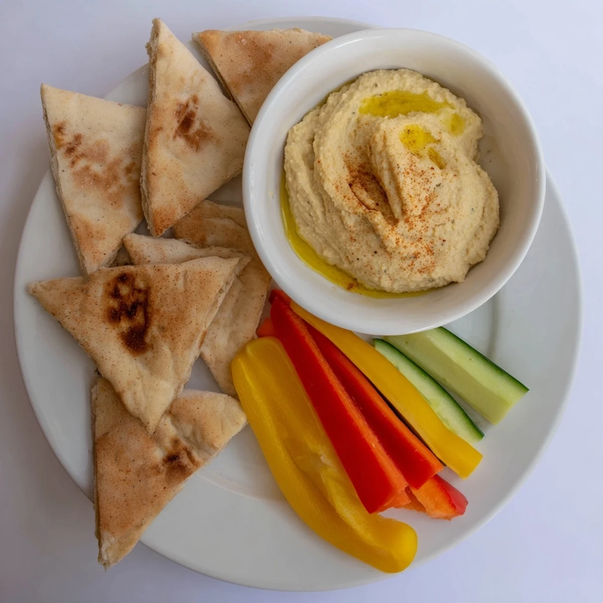A vibrant food photo of homemade hummus, pitas, and veggie sticks offers a healthy, delicious meal.