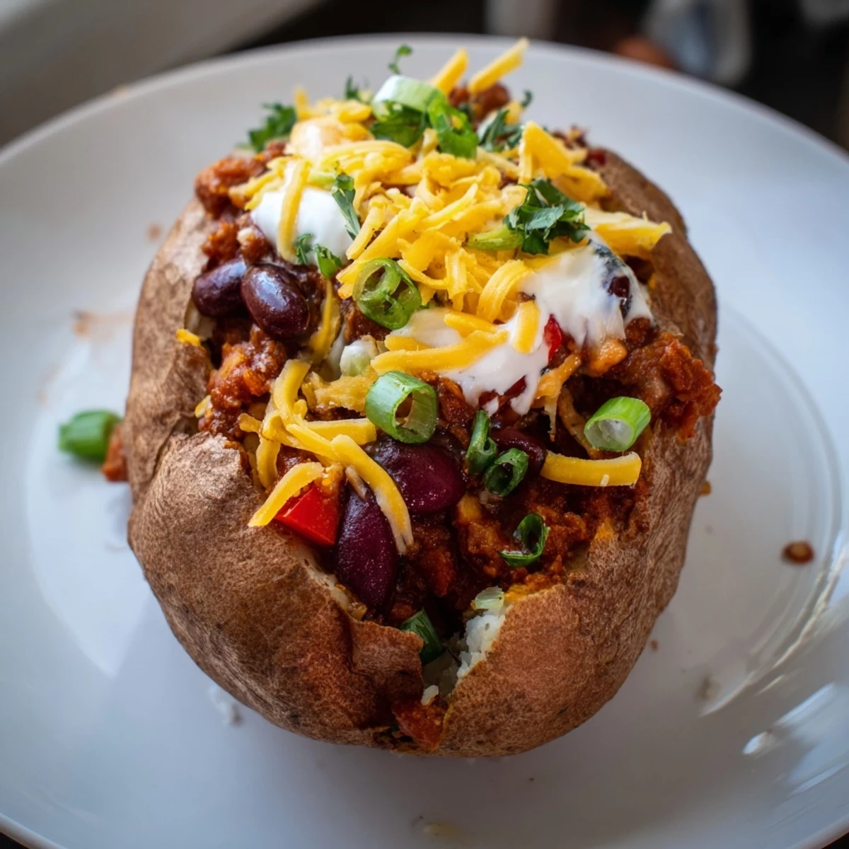 Delicious and comforting Chili-Style Baked Potatoes, bursting with flavorful chili and various optional toppings.